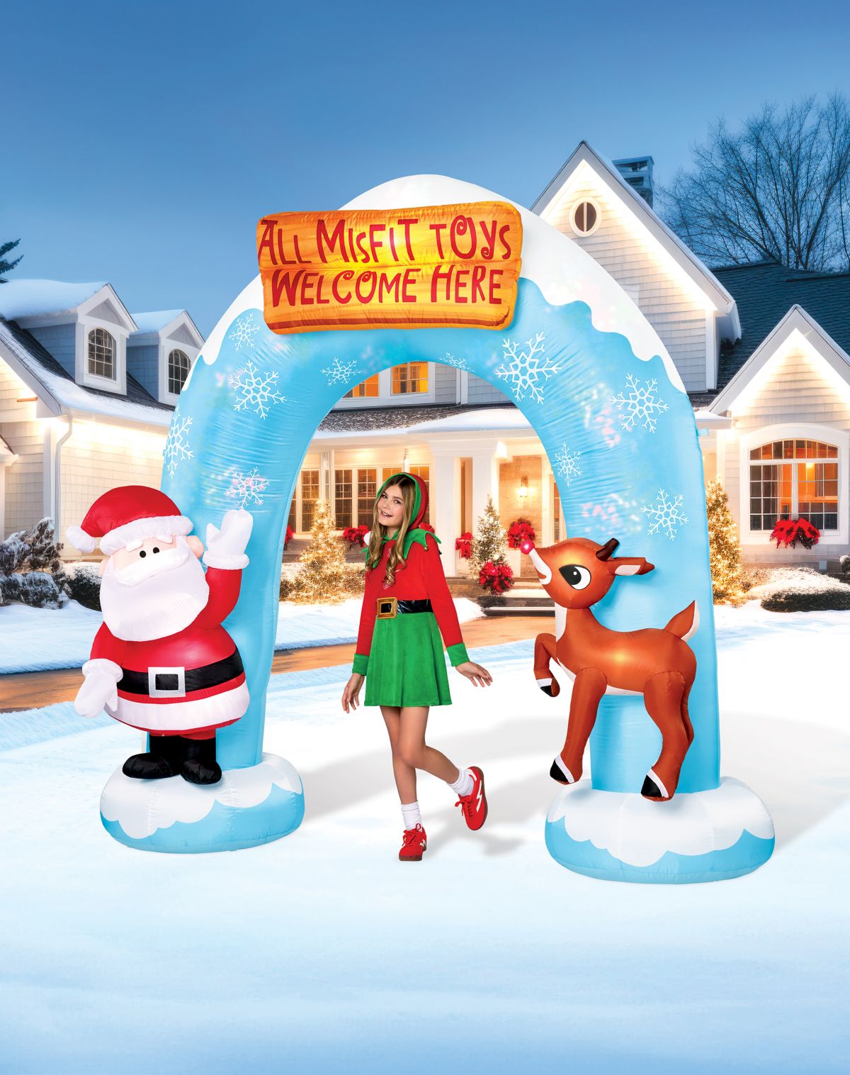 9 Ft 5 In Light-Up Rudolph and Santa Archway Inflatable Decoration - Rudolph the Red-Nosed Reindeer
