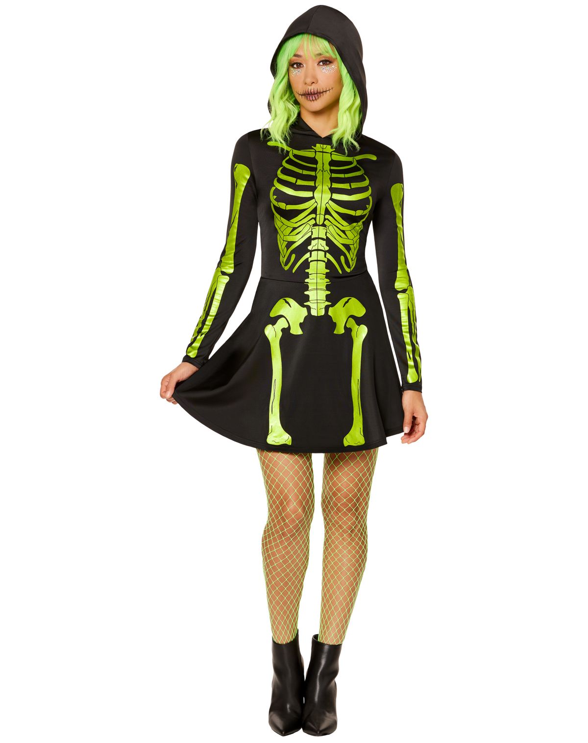 Adult Neon Green Skeleton Hooded Dress