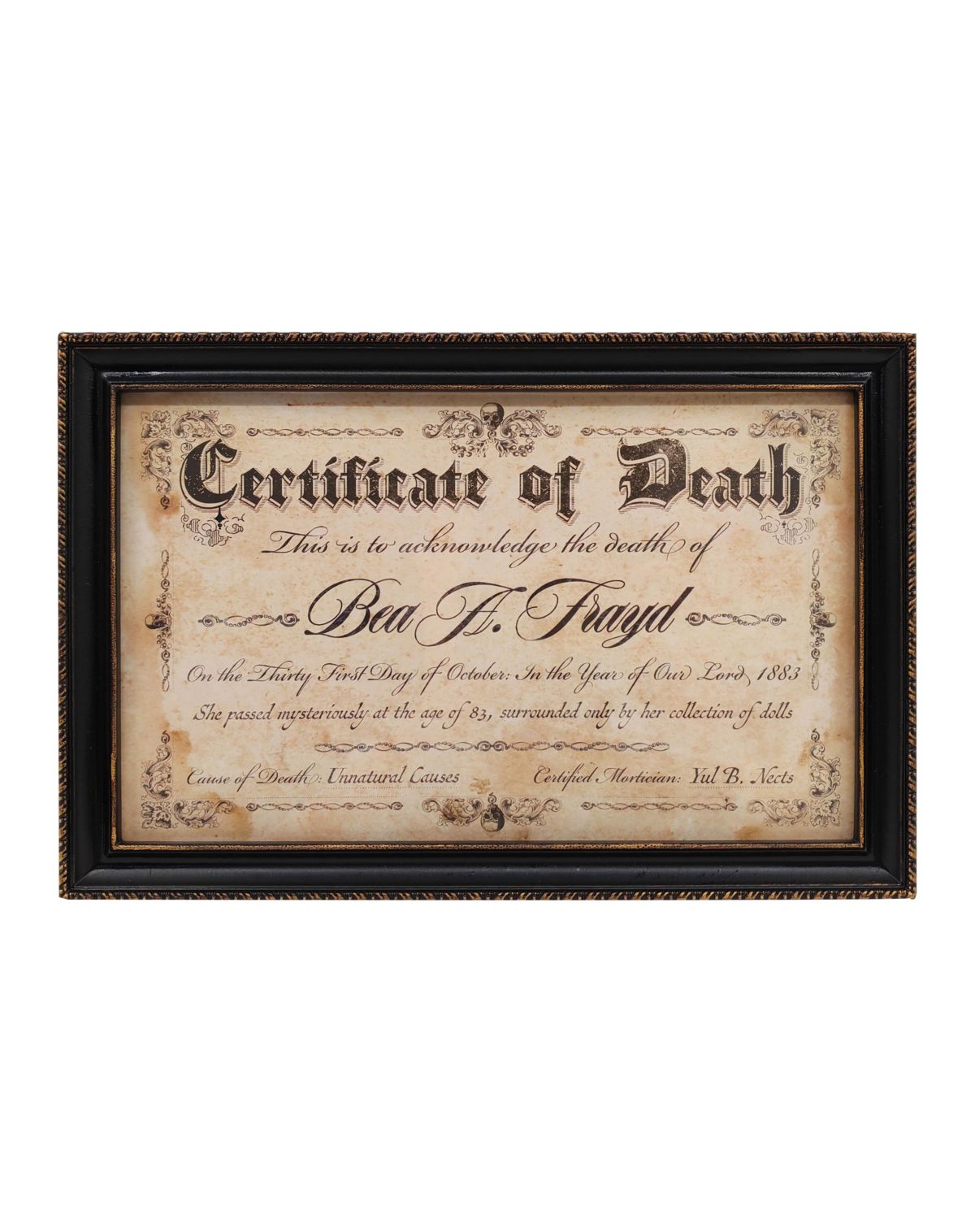 Doll Death Certificate Sign