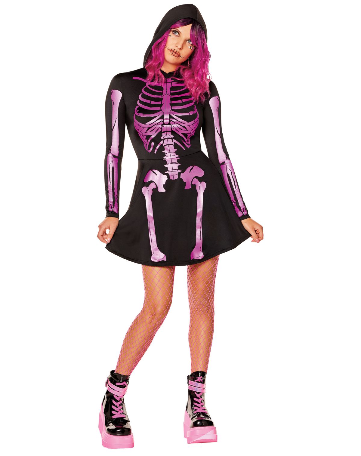 Adult Neon Pink Skeleton Hooded Dress