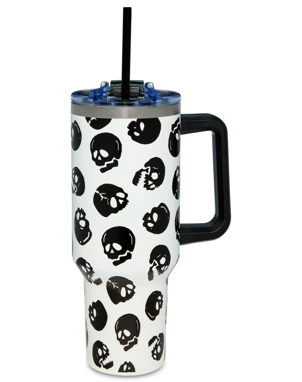 Black and White Glow in the Dark Skull Print Travel Tumbler with Straw - 40 oz.