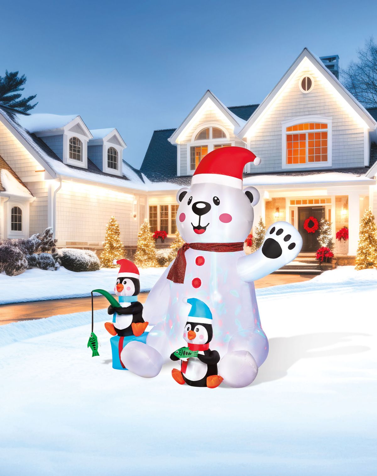6 Ft 11 In Light-Up Animated Polar Bear with Penguins Inflatable Decoration