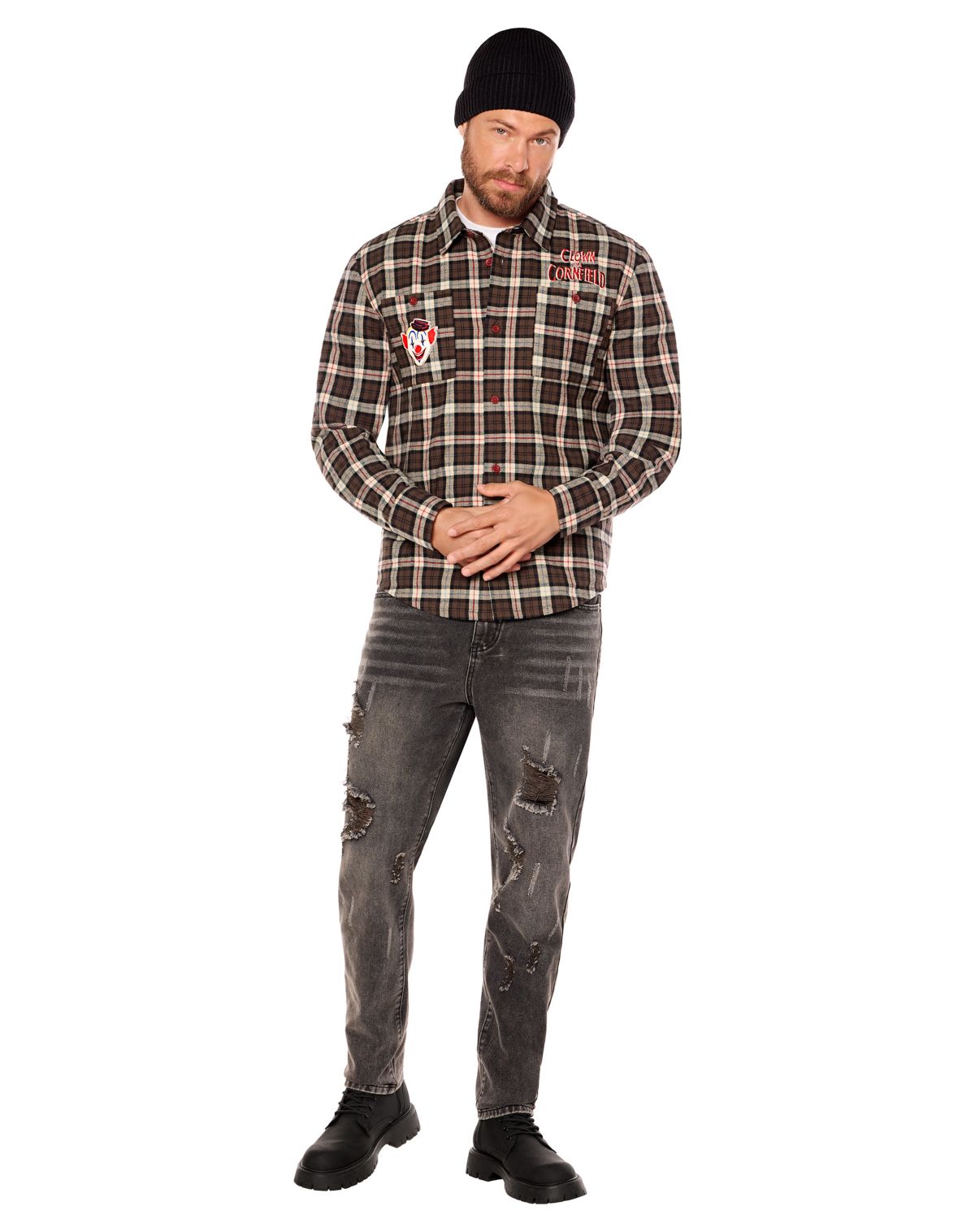 Adult Clown in a Cornfield Flannel Shirt
